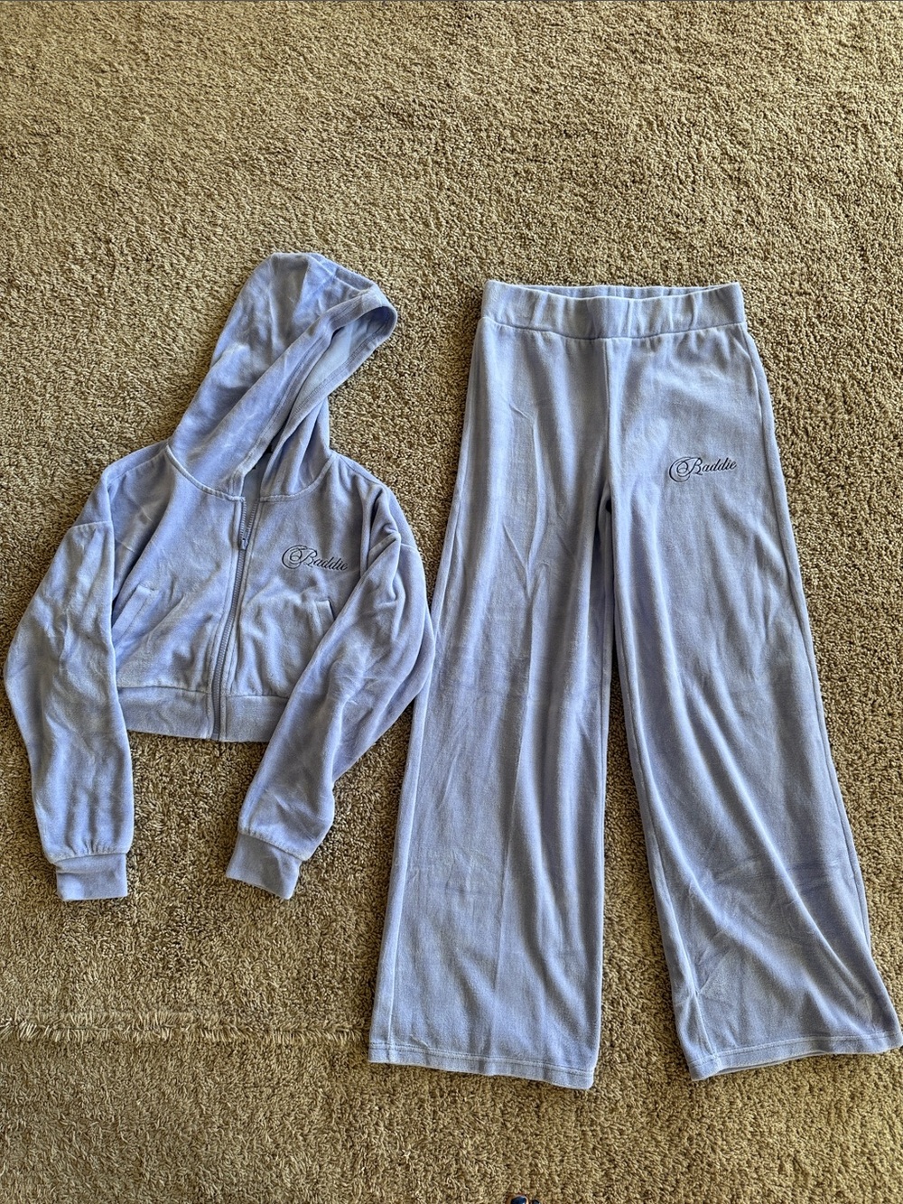 Forever 21 ‘Baddie’ Light Purple Velour Hoodie & Wide Leg Pants Set Medium